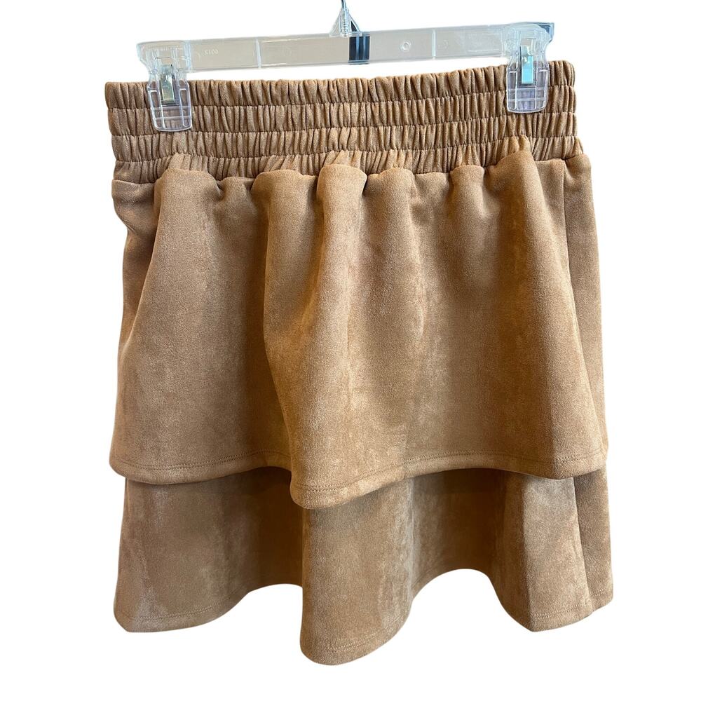 THML Camel Faux Suede Tiered Mini Skirt (Sz M)